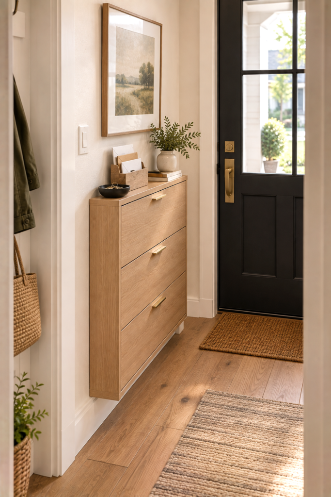 Slim wooden drawer cabinet organizing keys and mail in a small townhouse entryway.