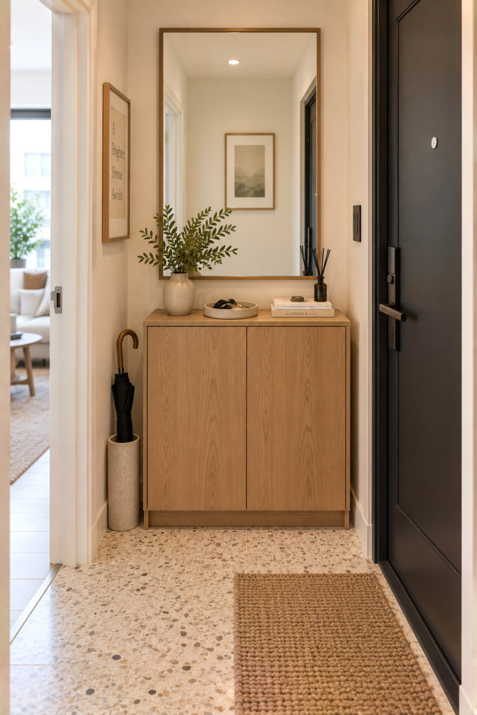 Oak entryway cabinet positioned beneath a large mirror in a compact apartment foyer.