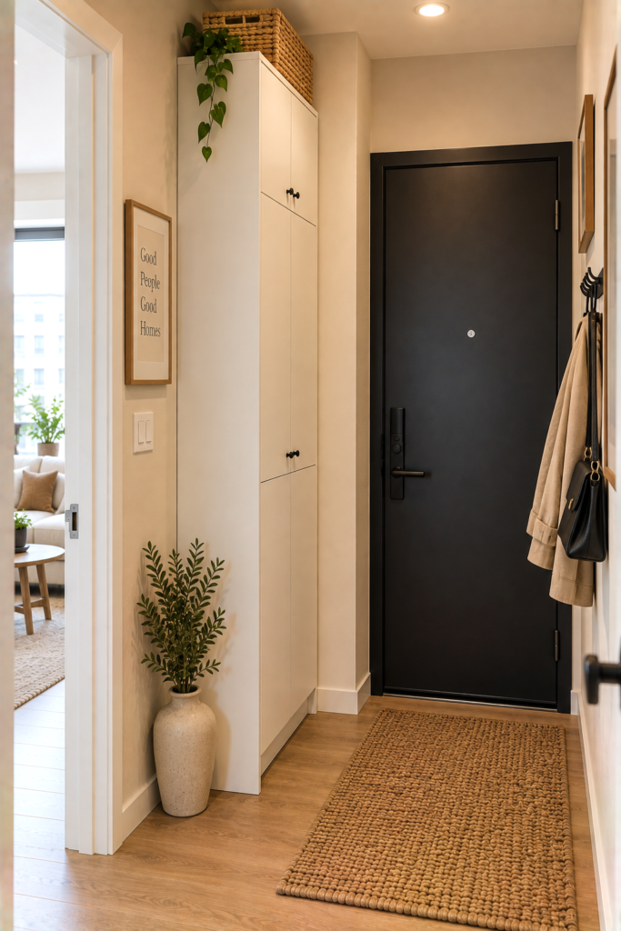 Tall narrow white cabinet using vertical storage in a tight hallway entrance.