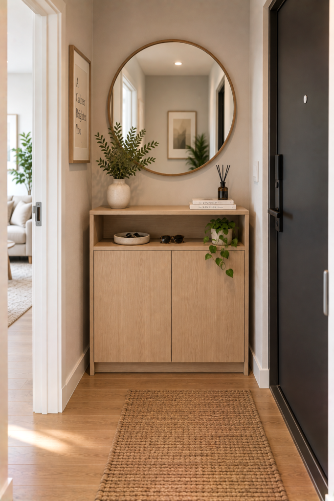 Compact oak cabinet with an open key-storage niche in a narrow apartment hallway.