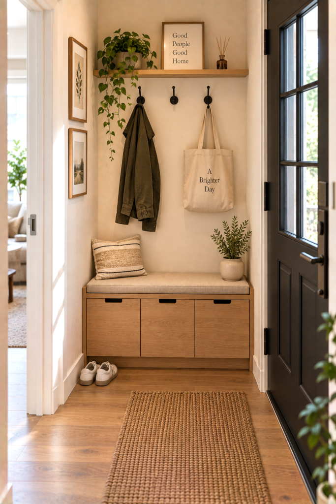 Compact entryway bench with shoe cabinet and wall hooks in a small family foyer.