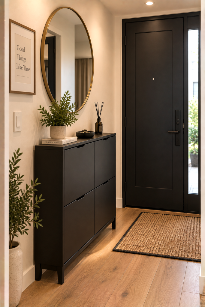 Matte-black narrow entryway cabinet styled with a mirror and small plant.