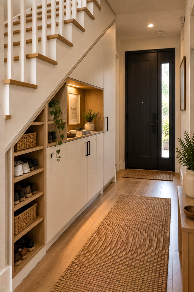 Custom entryway cabinets fitted beneath a staircase for shoe and bag storage.