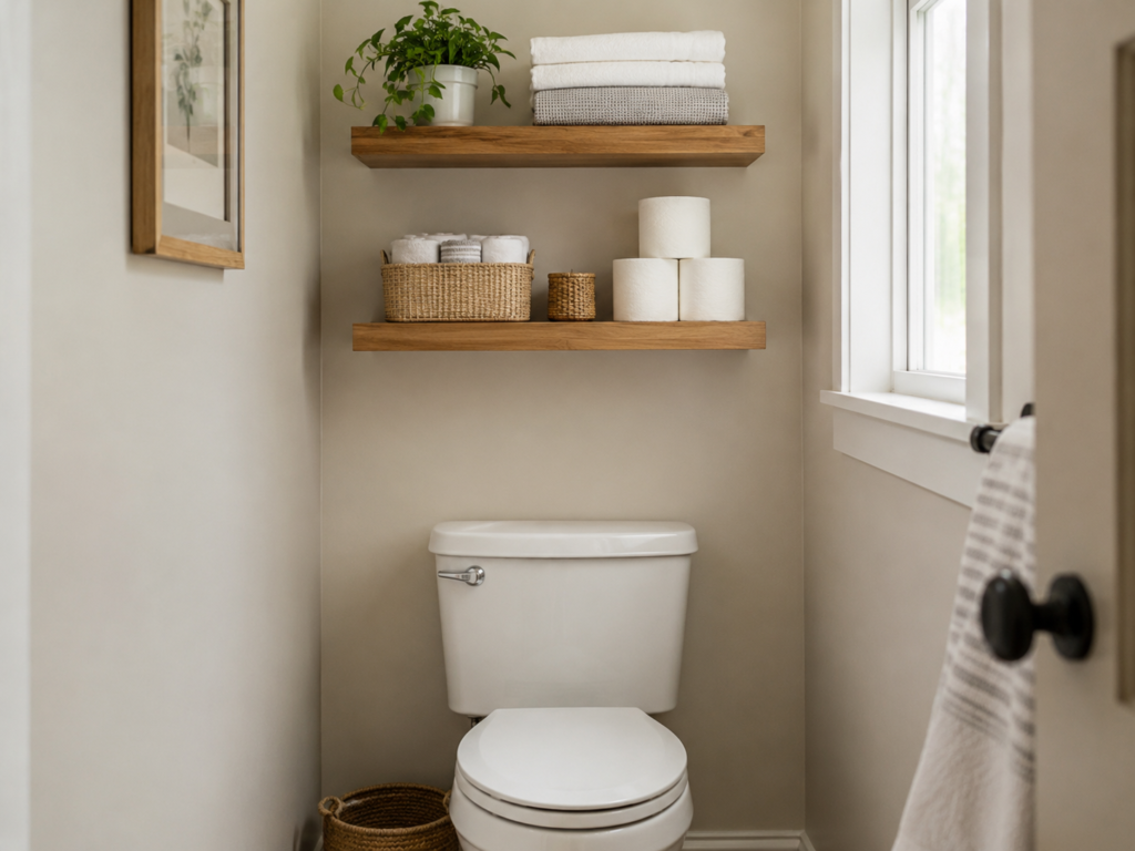 Slim floating shelves storing towels and toilet paper above a toilet in a tiny bathroom.