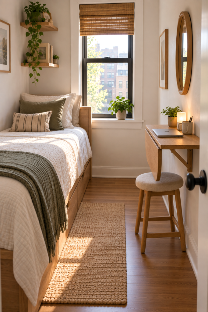  Wall-mounted drop-leaf seating setup in a very small bedroom with a compact stool.