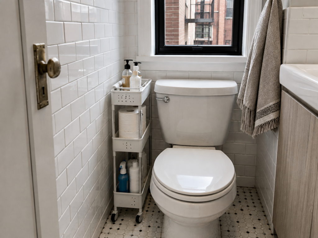Slim rolling storage tower fitted into the narrow gap beside a toilet.