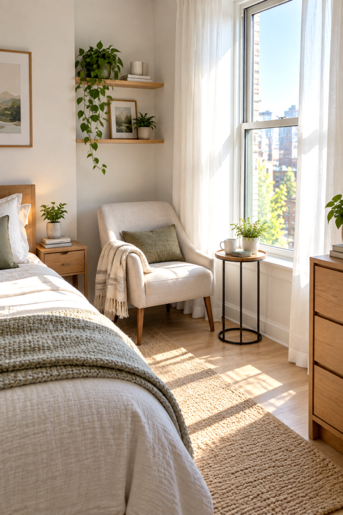 Narrow upholstered chair placed beside a bedroom window in a compact apartment bedroom.