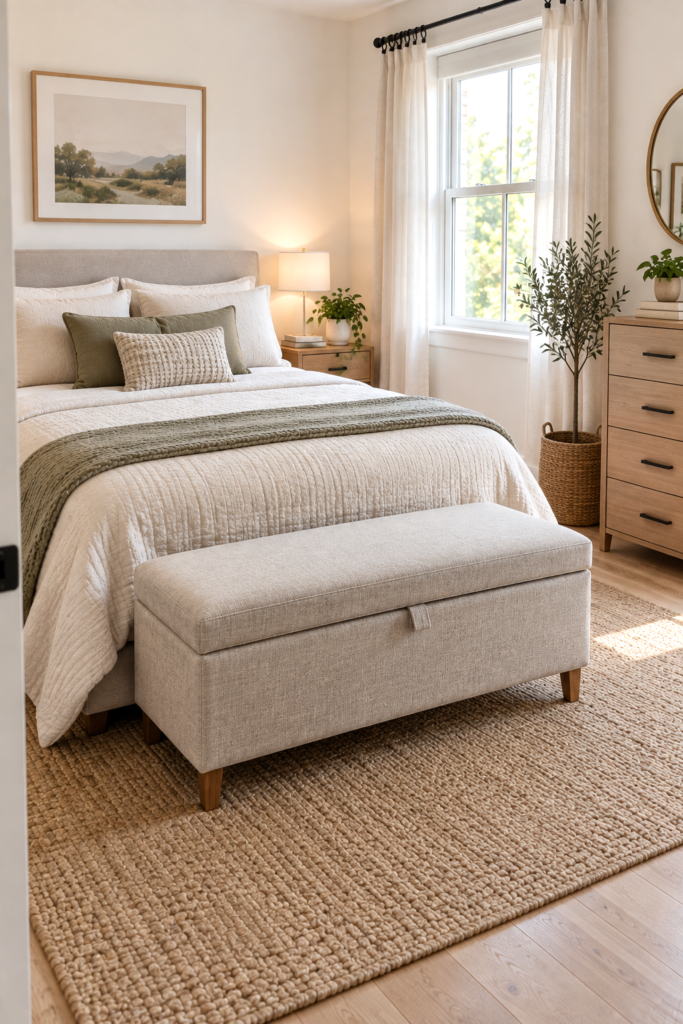 Slim upholstered storage bench positioned at the foot of a bed in a small Scandinavian bedroom.