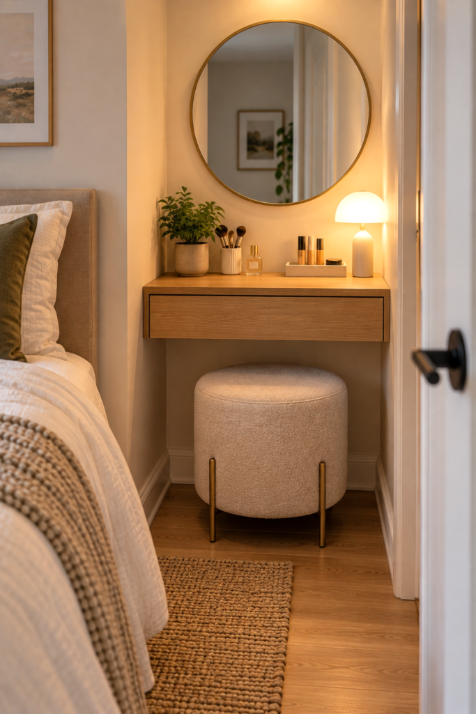 Round upholstered stool tucked beneath a narrow bedroom vanity to save floor space.