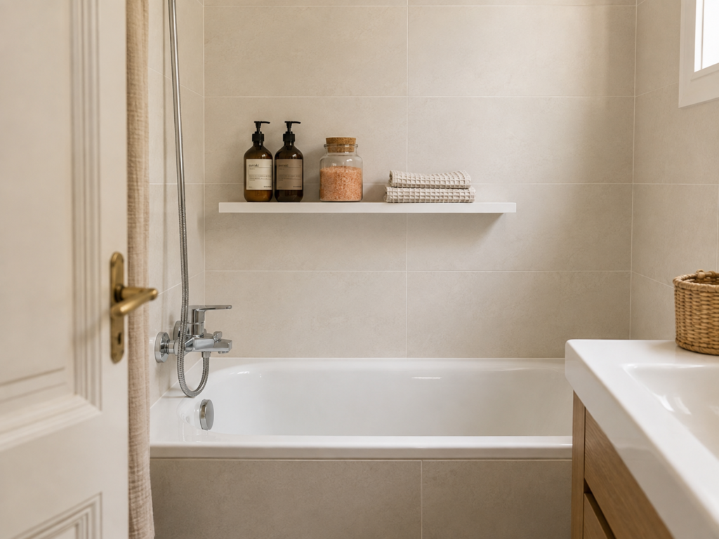 Slim shelf above a bathtub storing bath products and washcloths