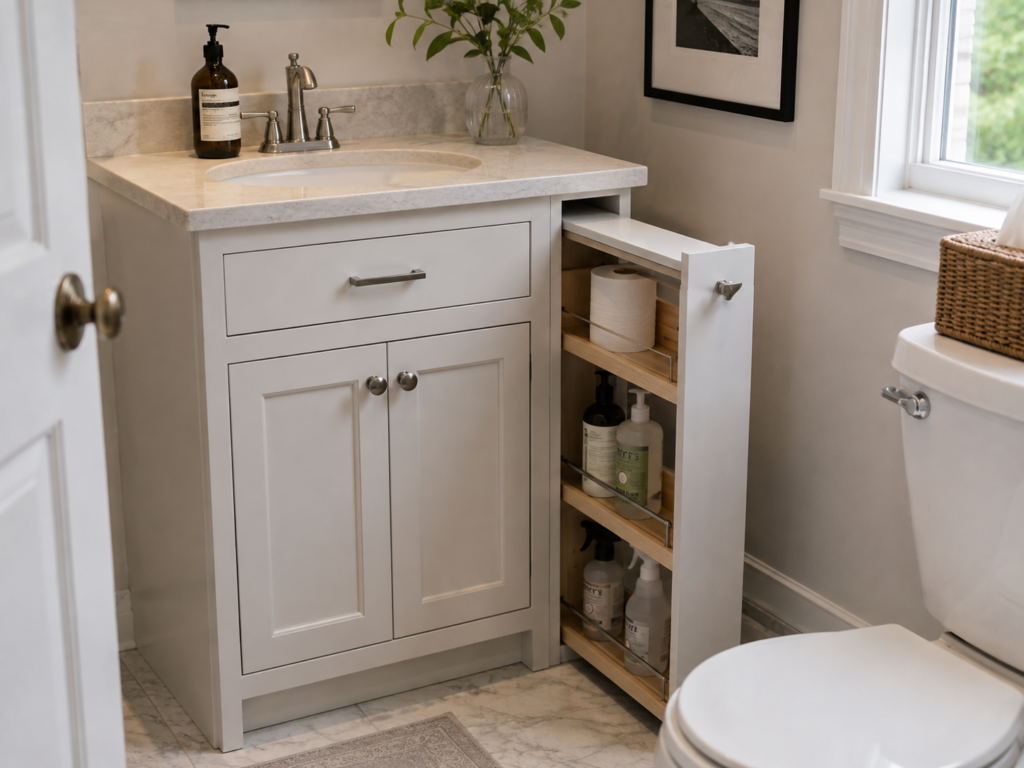 Narrow pull-out cabinet using a six-inch gap beside a bathroom vanity.