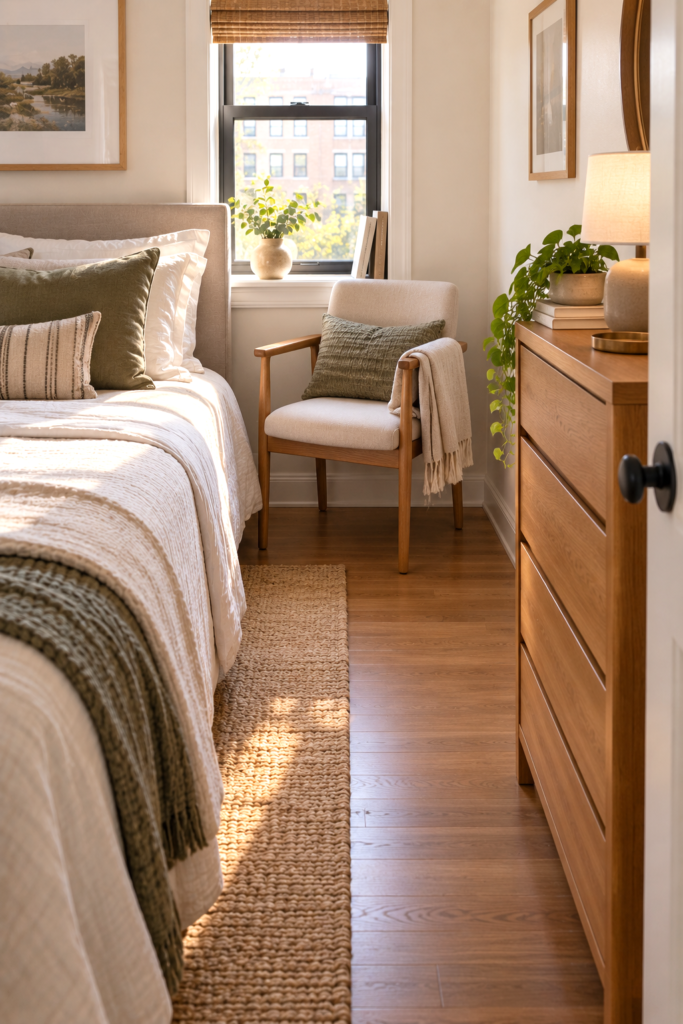 Slim wooden-frame chair positioned between a bed and dresser in a compact urban bedroom.
