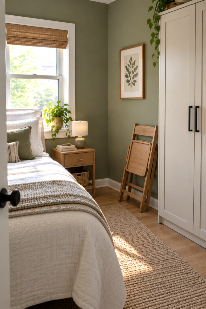 Folding wooden chair stored beside a wardrobe in a small guest bedroom.