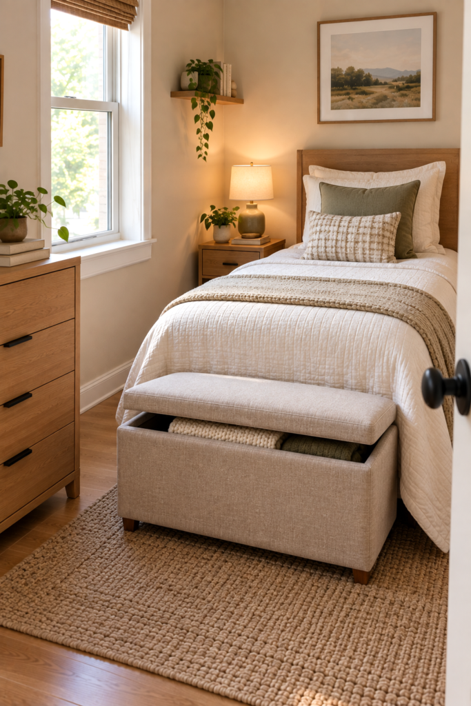 Small rectangular storage ottoman used as seating at the foot of a bed.