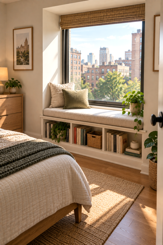 Deep bedroom window recess converted into a compact cushioned seating area.