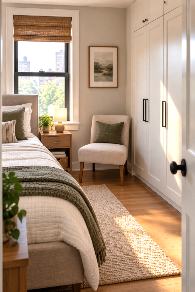 Slim slipper chair positioned beside a wardrobe without blocking the closet doors.