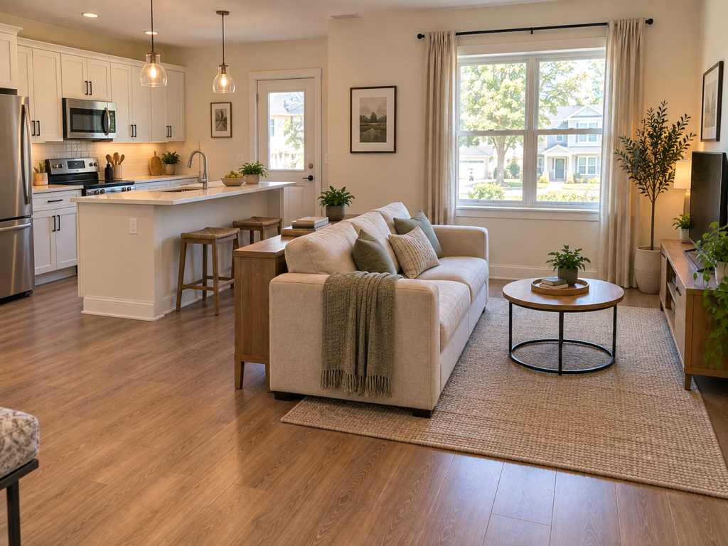 Small open-concept kitchen and living room with a sofa floating between the kitchen and seating area, creating a clear visual zone.