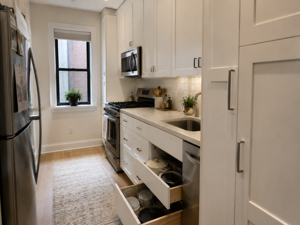 Small renovated galley kitchen using tall cabinets and deep drawers for efficient storage.