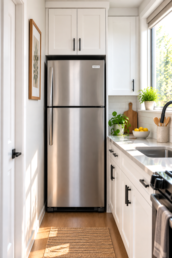 Stainless steel top-freezer refrigerator fitted tightly between cabinets in a small apartment kitchen.