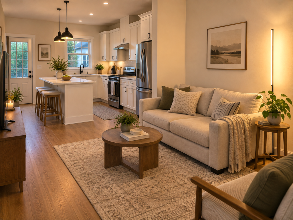 Small open-concept living room using a slim tall floor lamp in the corner beside the sofa, with the kitchen visible behind it