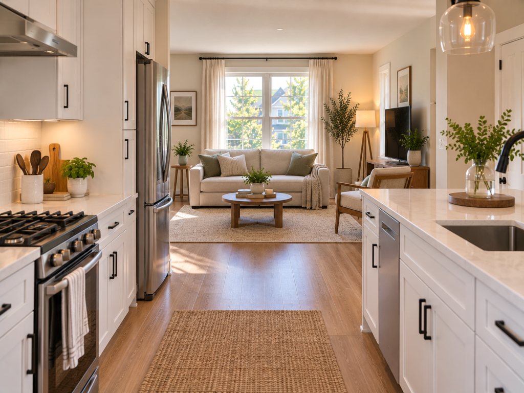 Clear sightline from a compact kitchen into the living room with low furniture and an unobstructed view across the open floor plan.
