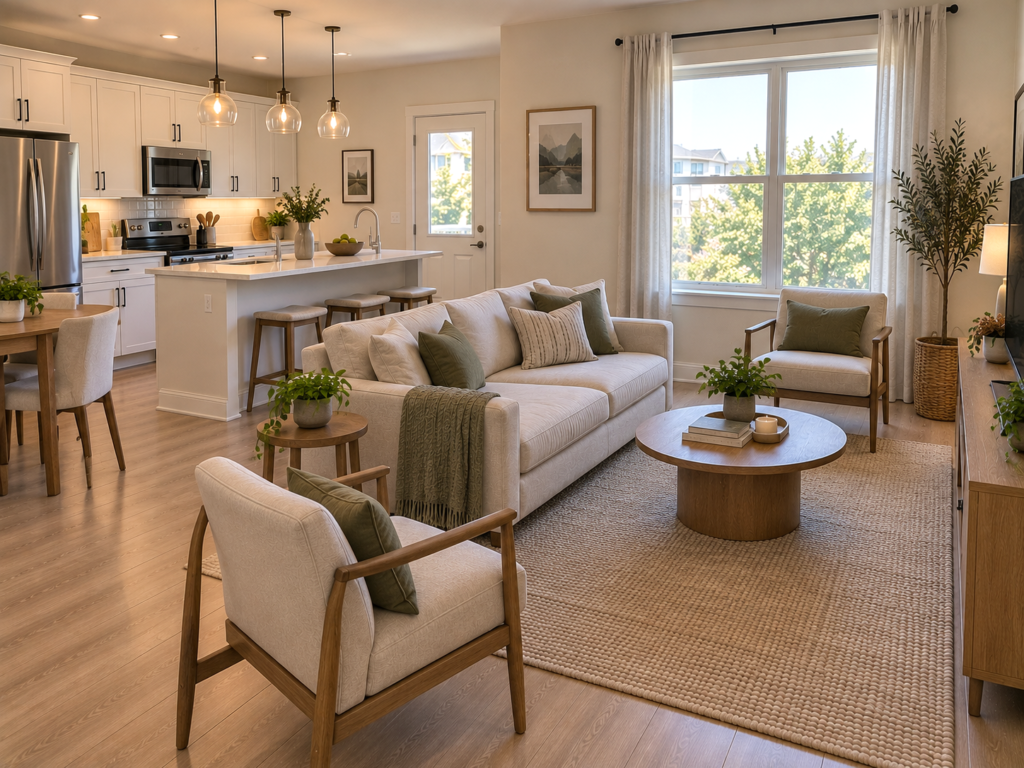 Compact living area beside a small kitchen using a round coffee table to keep the walking path open.