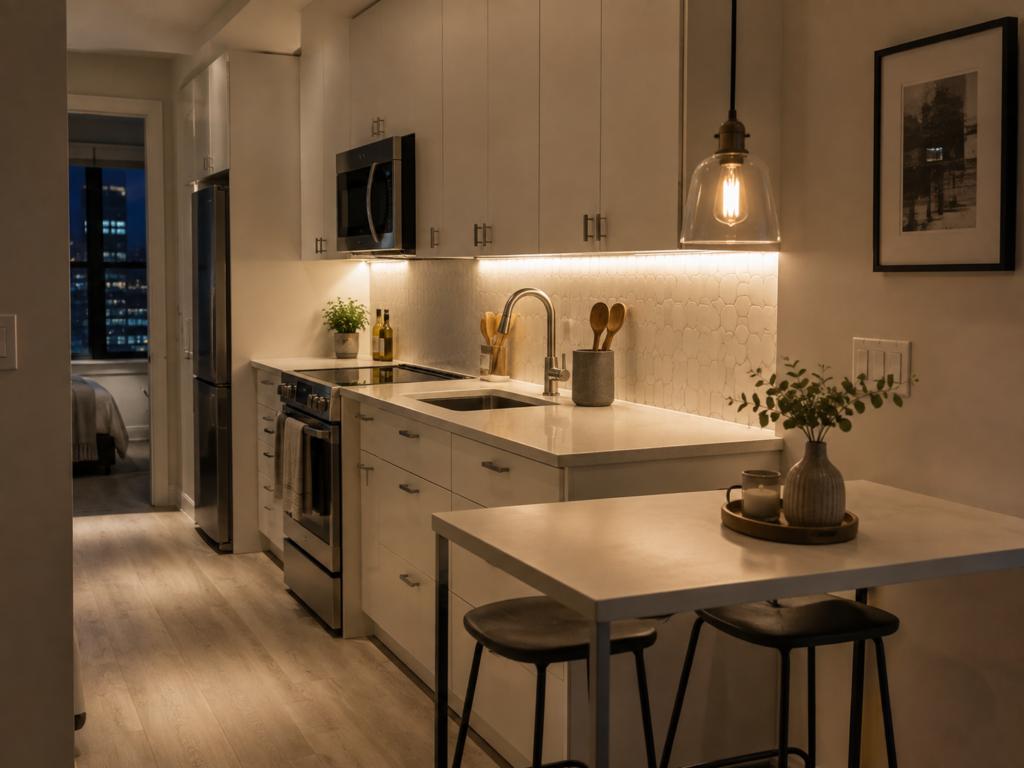 Under-cabinet lighting illuminating the work surface in a small renovated kitchen.