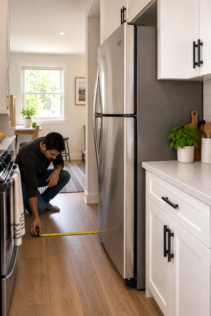 Person measuring how far a refrigerator projects beyond the countertop in a narrow galley kitchen.