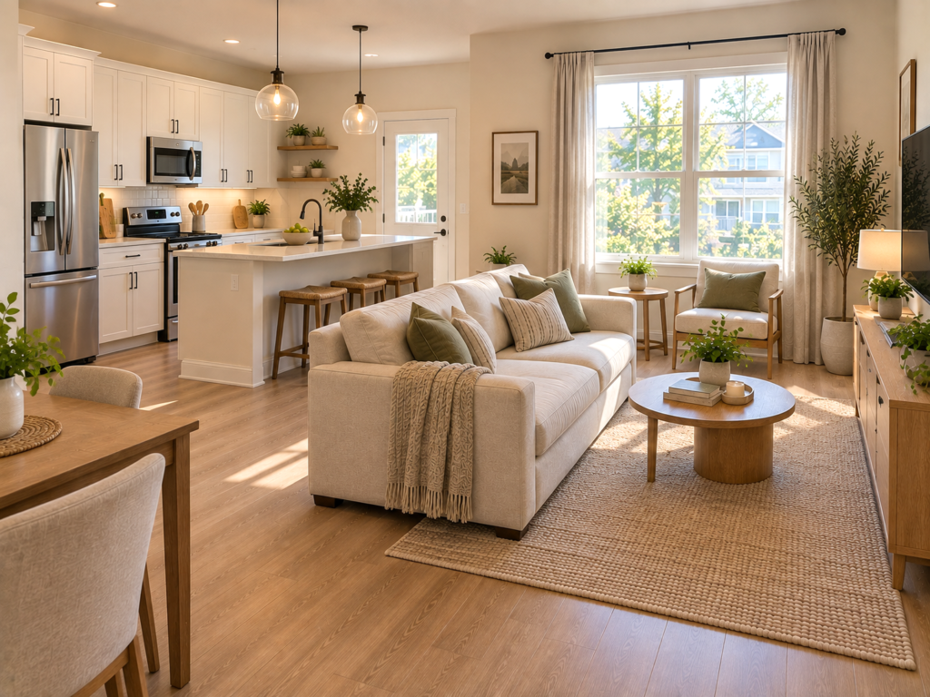 Small open-concept kitchen and living room using continuous light wood flooring to visually connect both areas.