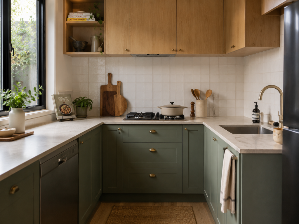 Compact U-shaped kitchen with a simple backsplash protecting the main cooking and sink areas.