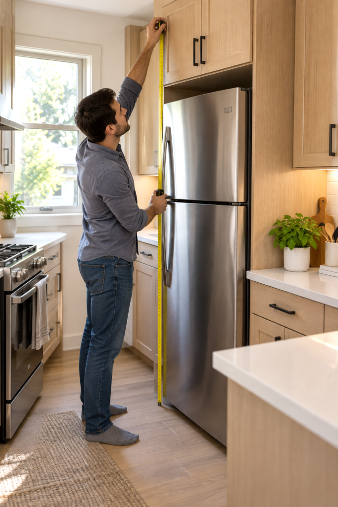 Homeowner measuring the height of a refrigerator opening beneath an overhead kitchen cabinet.