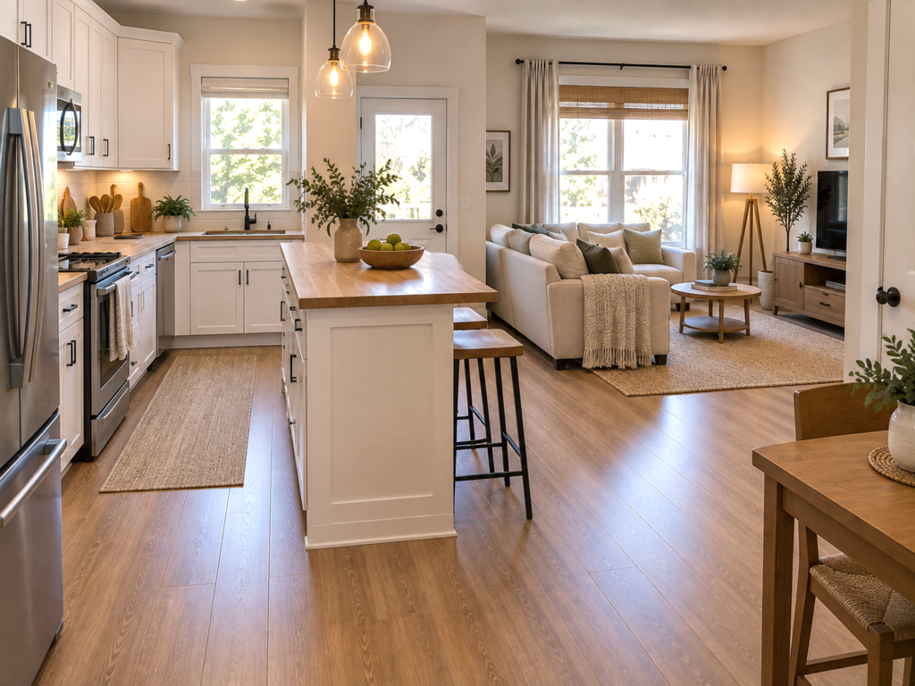 Small open-concept kitchen with a narrow island and two stools separating the kitchen from a compact living room.