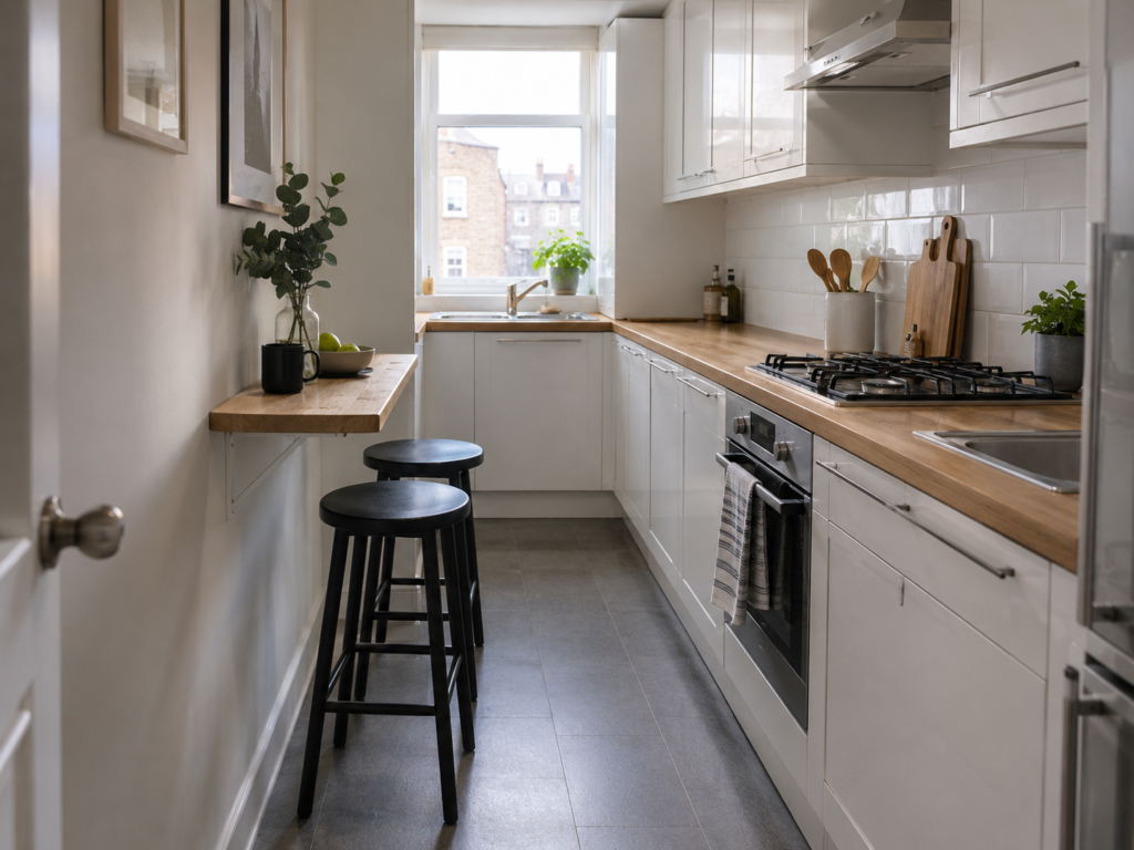 Slim wall-mounted breakfast counter saving floor space in a small renovated kitchen.