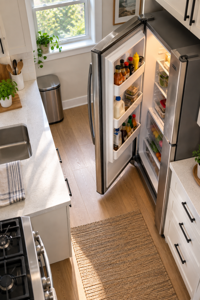 Open refrigerator door showing limited clearance between the appliance, cabinet, and kitchen walkway.