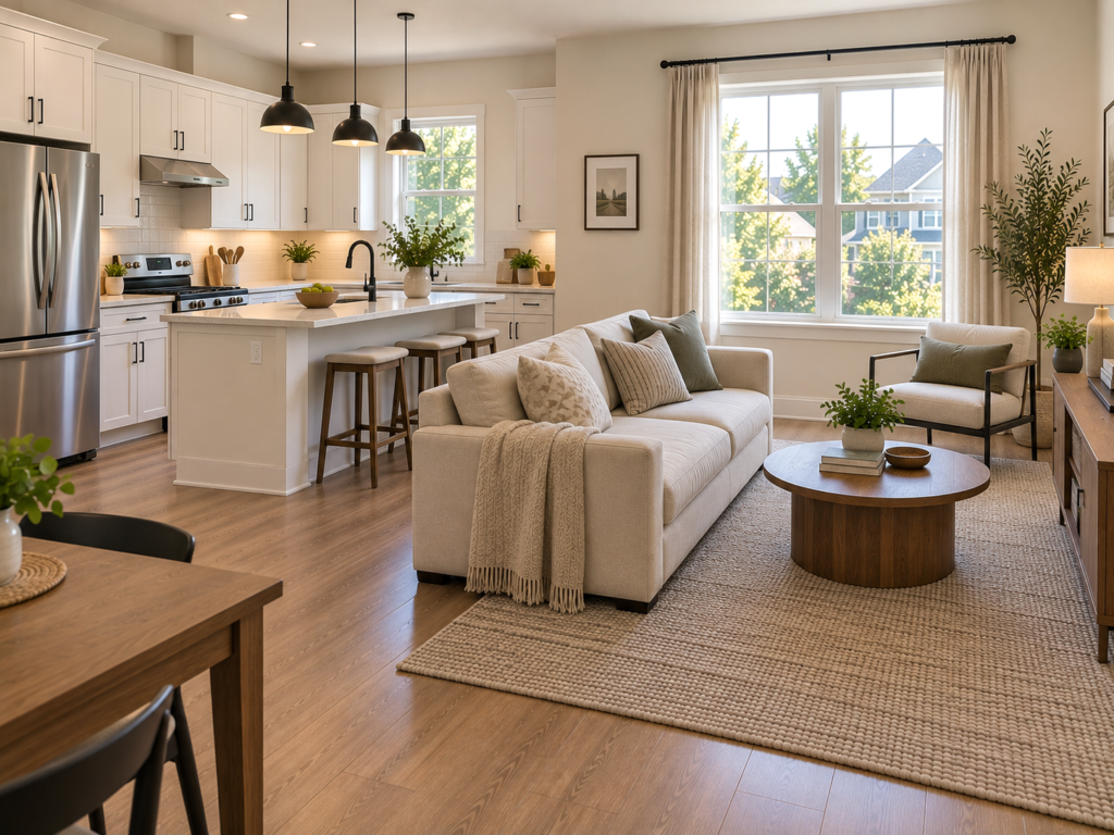Small open-concept kitchen and living room using White Dove-inspired walls, cream upholstery, and warm wood accents throughout both zones.