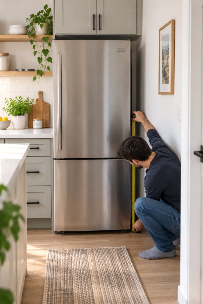 Refrigerator beside a kitchen wall with a person measuring the side clearance needed for the door to open.