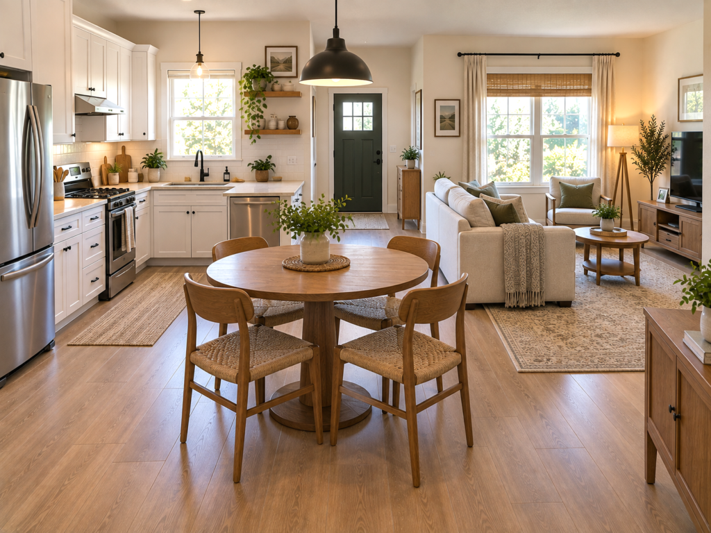 Small round dining table positioned between a compact kitchen and living room to organize the open floor plan.