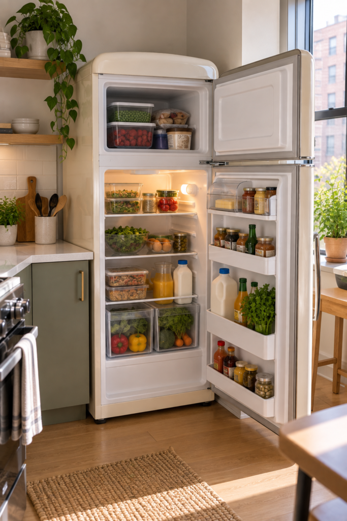 Organized interior of a compact refrigerator showing practical storage for a small kitchen.