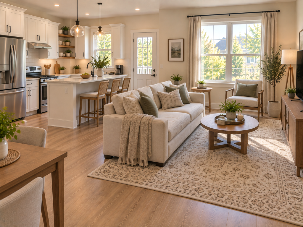 Compact open-concept living room with a large neutral rug anchoring the sofa while the adjacent kitchen remains on the wood floor.