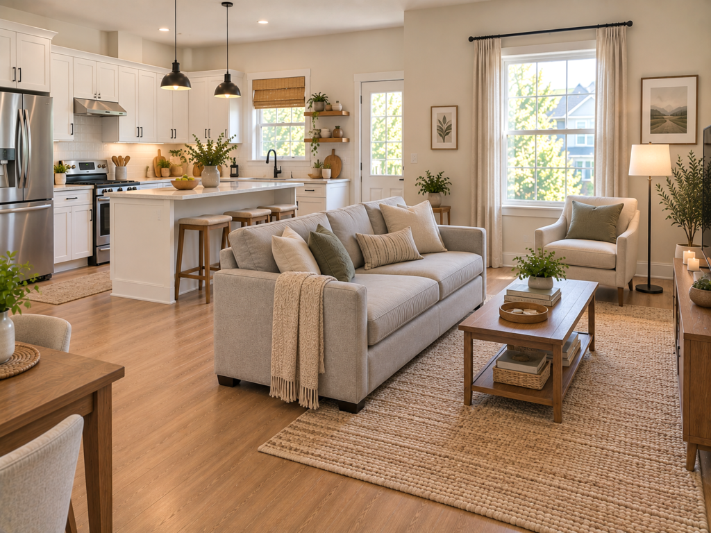 Small open-concept living room using a slim three-seat sofa that leaves clear circulation space toward the kitchen.