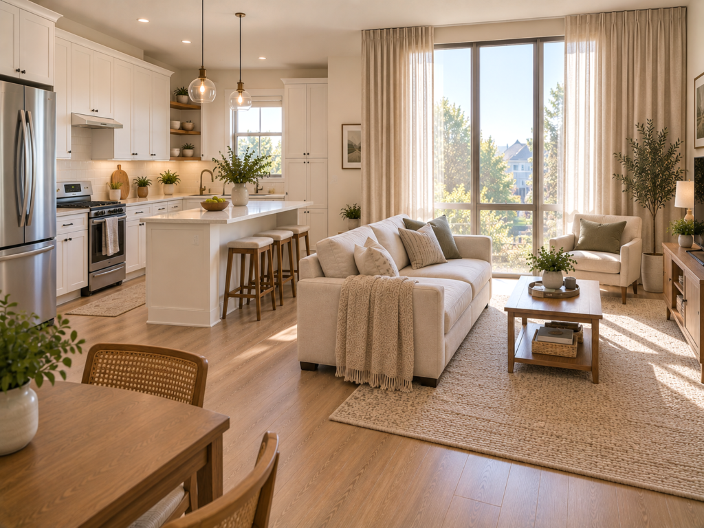 Small open-concept kitchen and living room with floor-length curtains hung high above a large window to emphasize ceiling height.