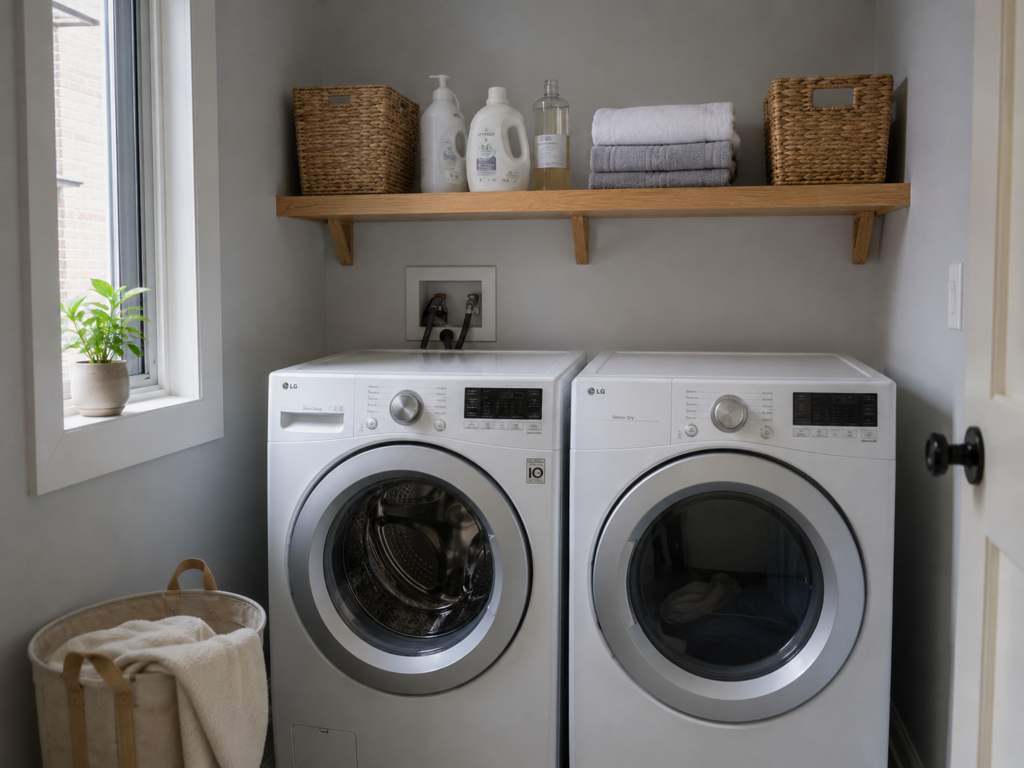 Oak shelf above a washer and dryer storing laundry supplies and baskets.