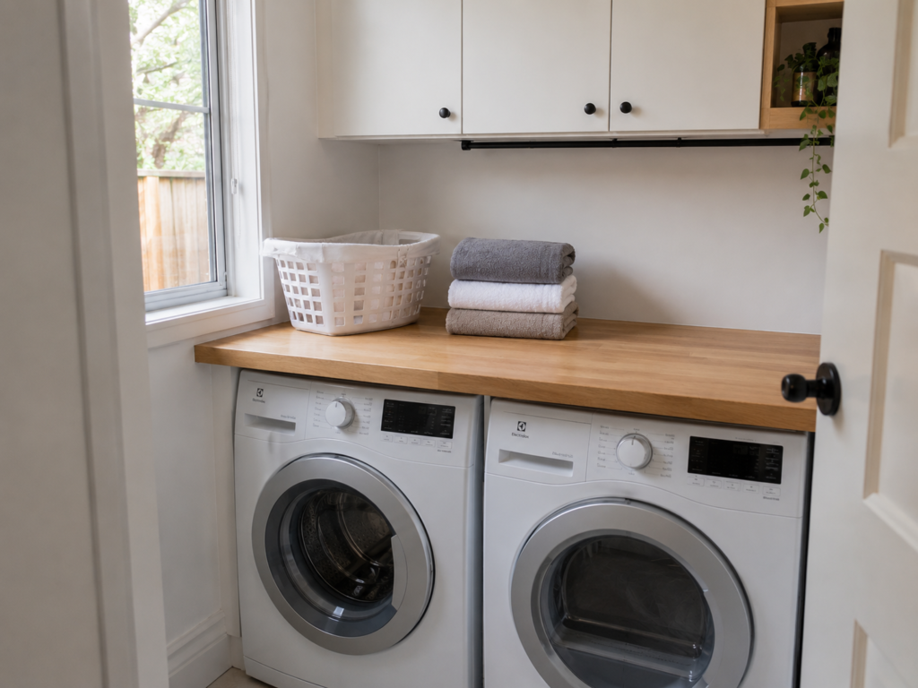DIY wood countertop creating a folding surface above front-load laundry machines.