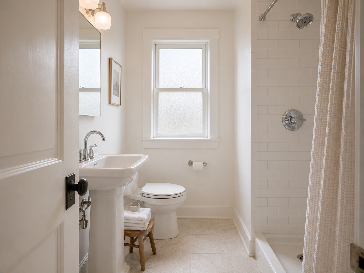 Small Seattle bathroom with warm white walls, sage vanity, white shower tile, and light flooring.