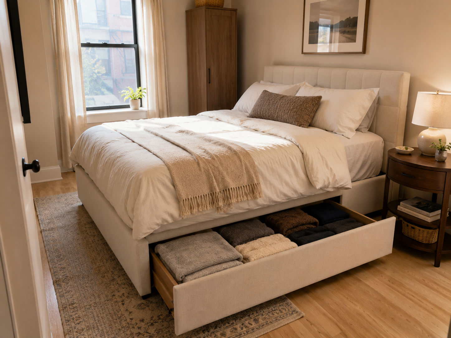 Upholstered storage bed with an open drawer holding blankets in a small bedroom.