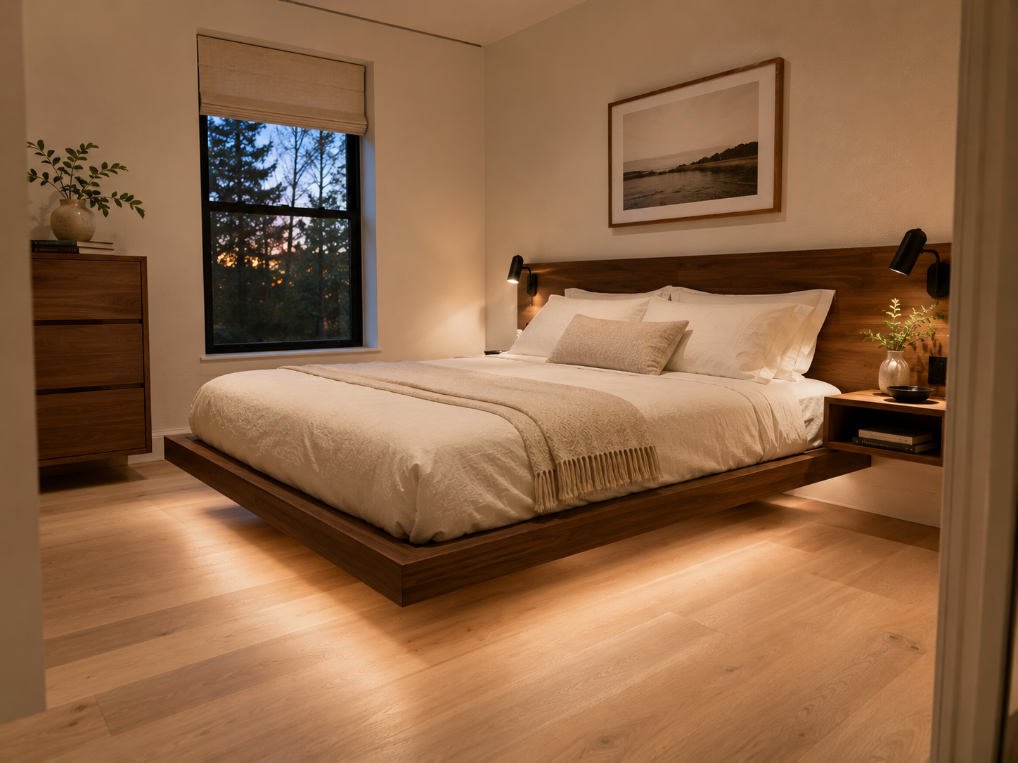 Floating-look walnut bed with visible floor beneath it in a modern small bedroom.