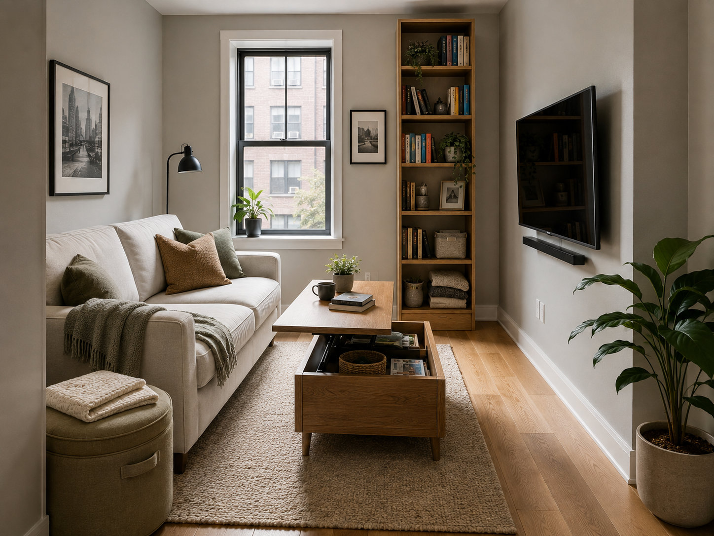 Small Chicago apartment living room with space-saving furniture and clear walking paths.