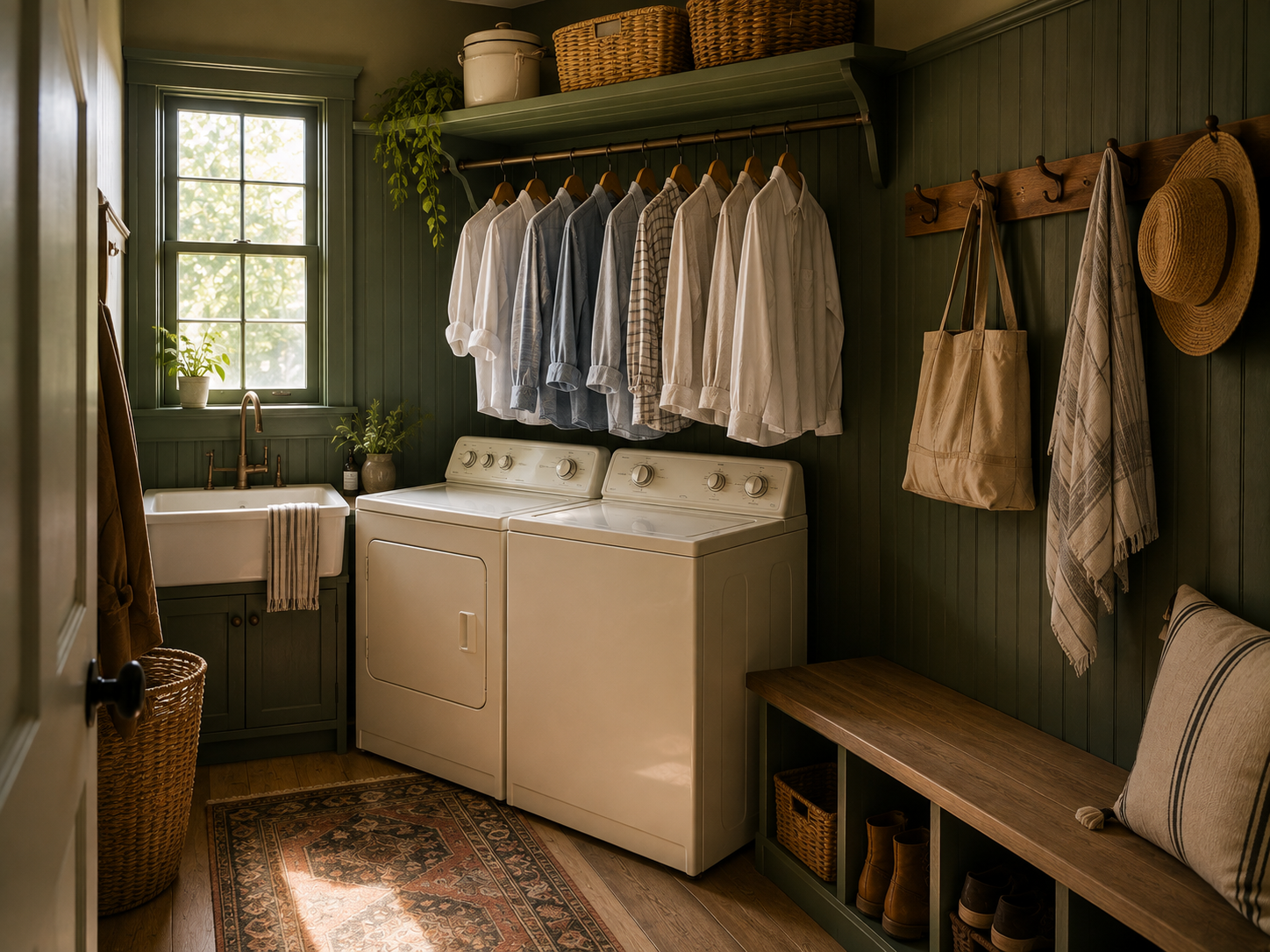 Austin laundry room with a slim hanging rail above a folding counter beside the dryer.