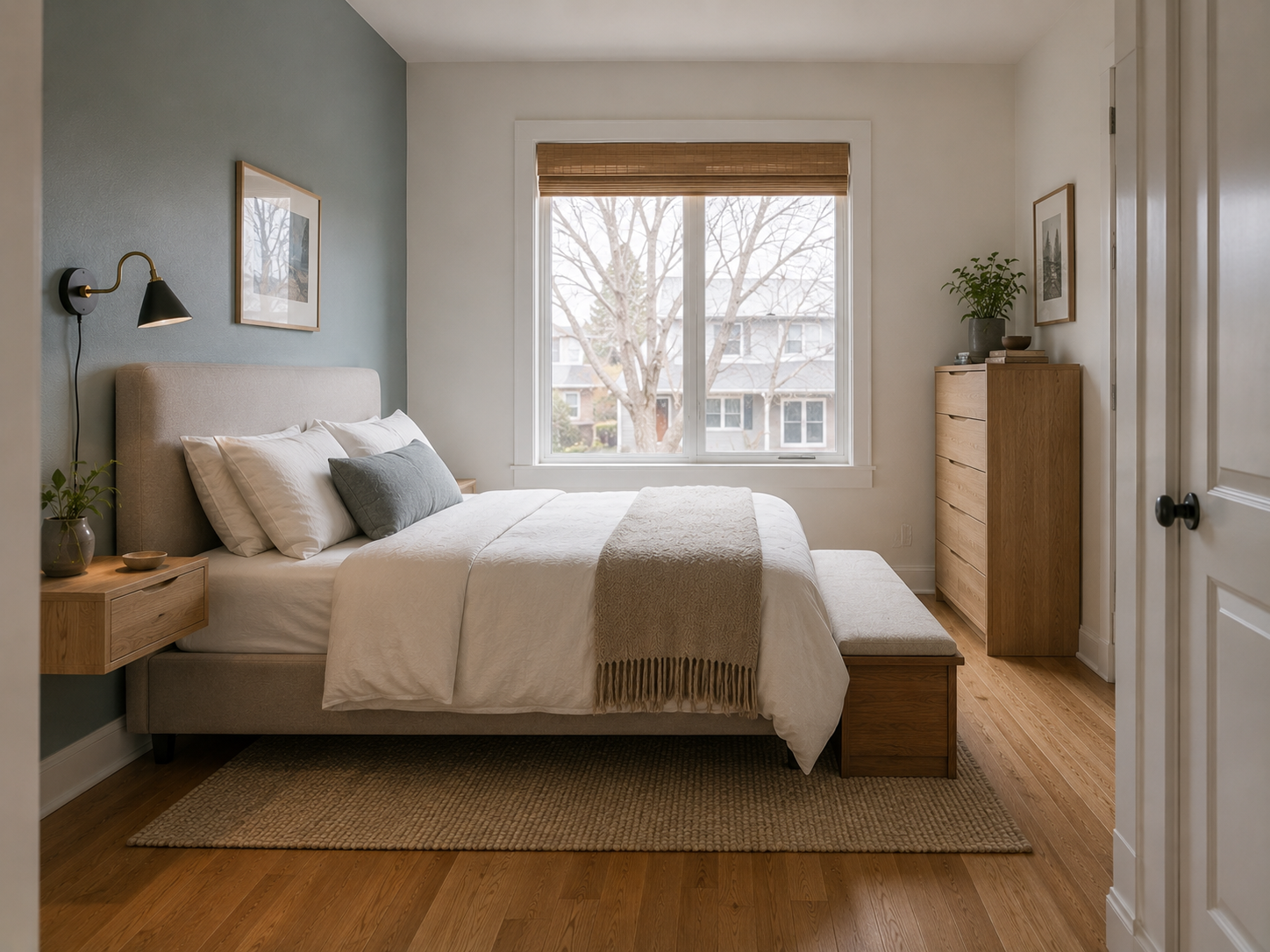 Small New York apartment bedroom arranged with a bed, narrow dresser, compact nightstand, and clear walking space.