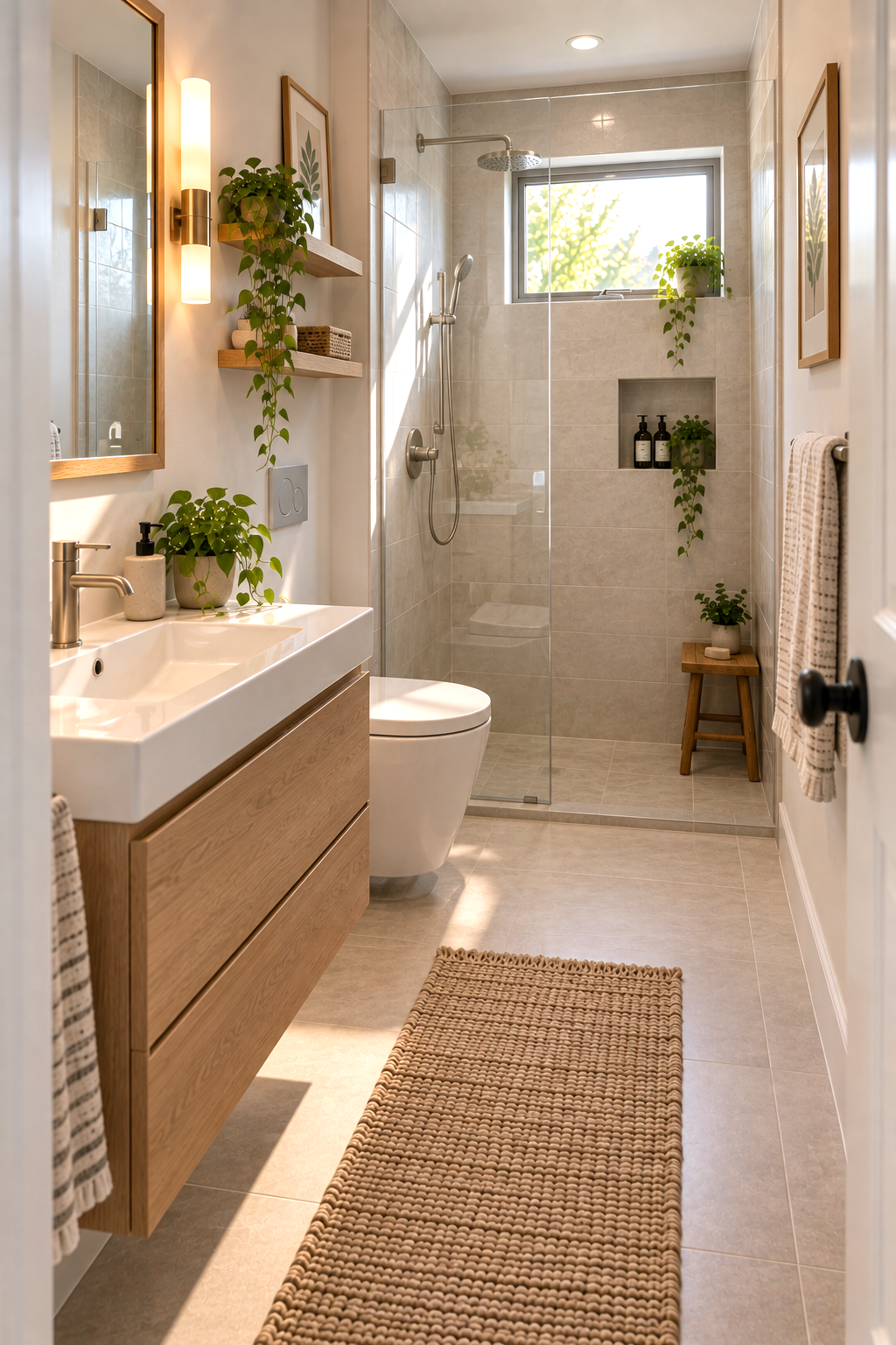 Small bathroom featuring a floating vanity that leaves visible floor underneath.